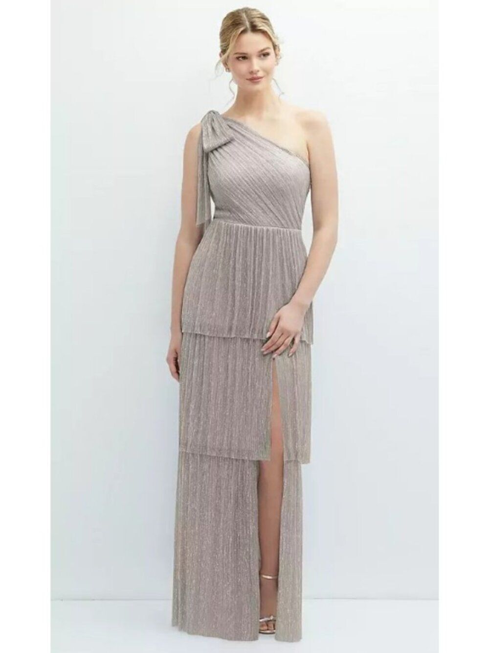 Dessy Taupe Shimmery Lightweight Formal One Shoulder Tiered Ruffled Dress
